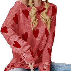 Womens Cute Love Heart Print Sweaters Oversized Off The Shoulder Loose Knitted